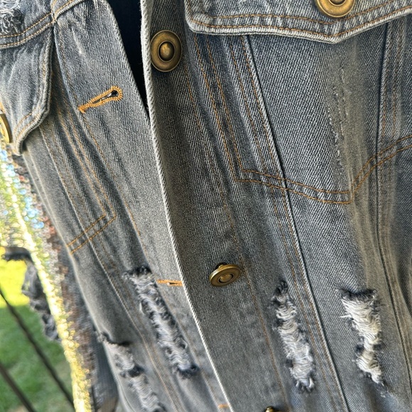NWOT Sequin Distressed Denim Jacket - Picture 6 of 6